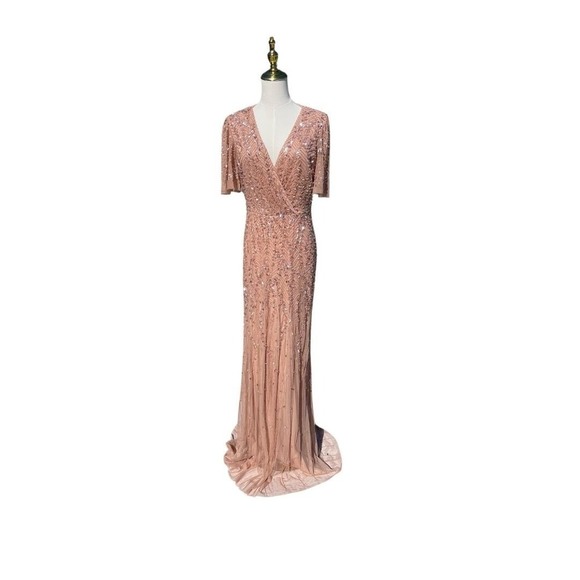 Mac Duggal 35109 Surplice Bodice Embellished Gown Flutter Sleeve Nude Size 6 - Picture 1 of 8